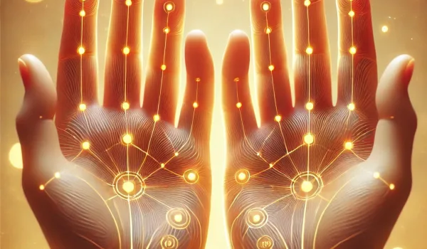 Terapia Palmar DALL·E 2025-03-13 20.58.23 - A hyperrealistic image featuring the hands with a gentle focus on the palms, softly illuminated by golden light. The focus is on the acupressure point